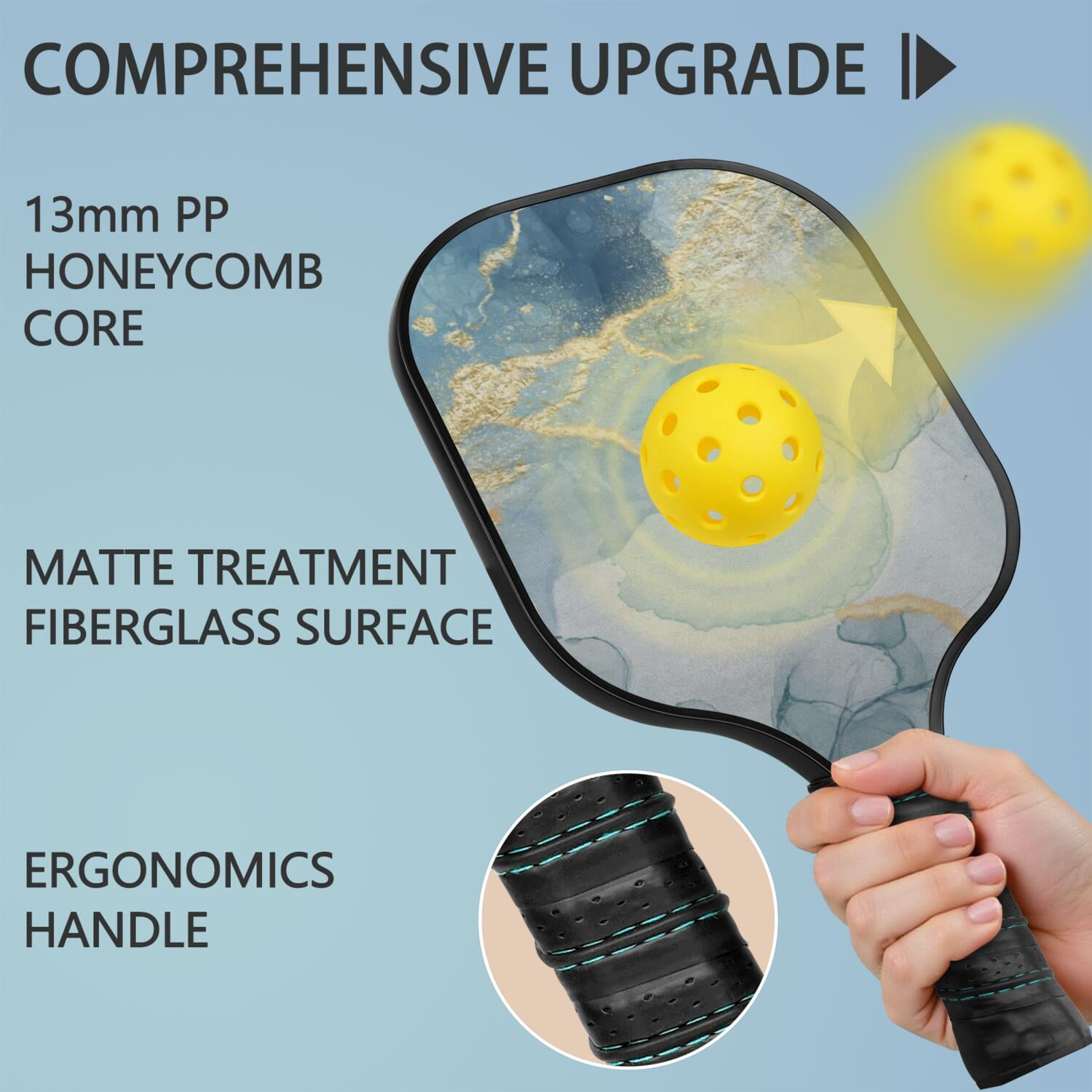 Pickleball Paddles Set Of 1, Fiberglass Surface, Turquoise Marble Pattern, 1 Paddle, 2 Balls & Bag