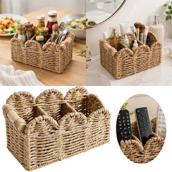 Divided Storage Basket Scalloped Edge Desktop Organizer With Wooden Handle Multi Compartment Storage Caddy For Makeup Home(Beige-21Cm)