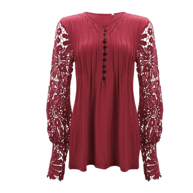 Kcodviy Women's Spring and Autumn Womens Plus Ruffle Blouse Lace Sleeves Pressed Womens Long Sleeve Business Shirts Pleated Button Base Shirt Fall Tops for Women Top