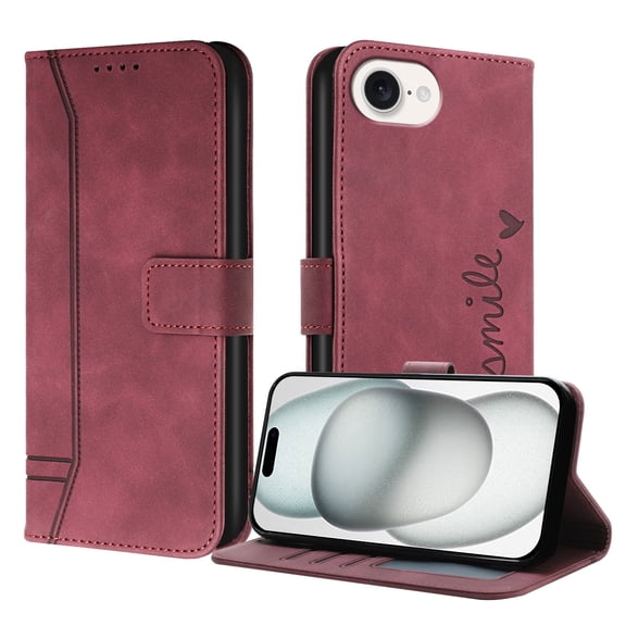 ELEHOLD Case for iPhone 16e, Shockproof Leather Wallet Phone Case with Card Slots, Stand Function, Winered