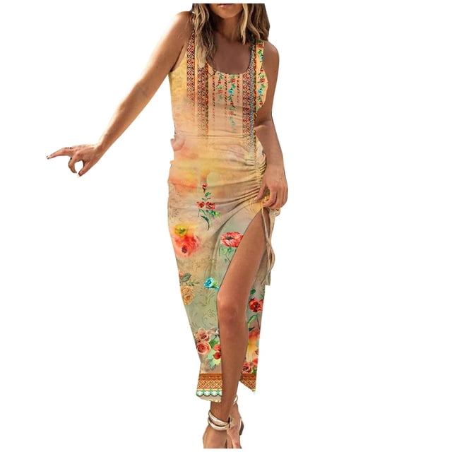QIPOPIQ Women's High Split Sleeveless Square Neck Gradient Bodycon Long Tank Dress Thigh Drawstring Split Midi Dress