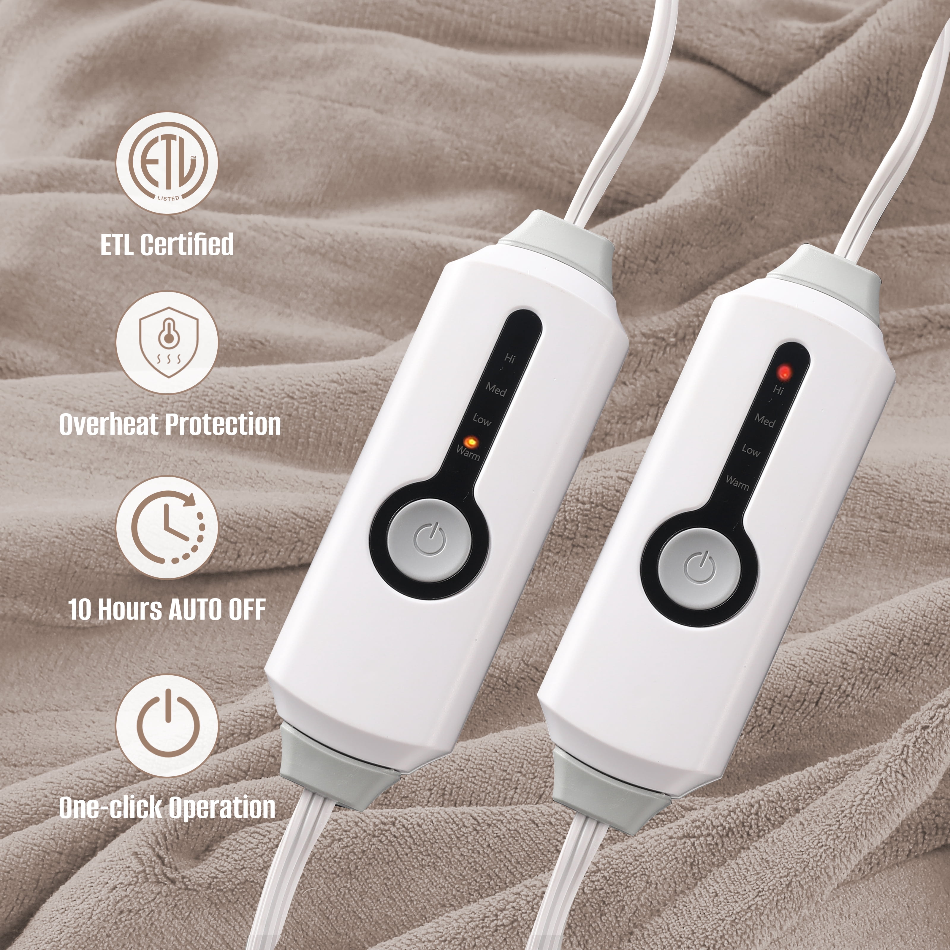 YAKEE Electric Heated Blanket 90"x100" King Size with Dual Control, 4 Heat Levels, 10-Hour Auto-off, Soft Coral Fleece, Overheat Protection, Brown