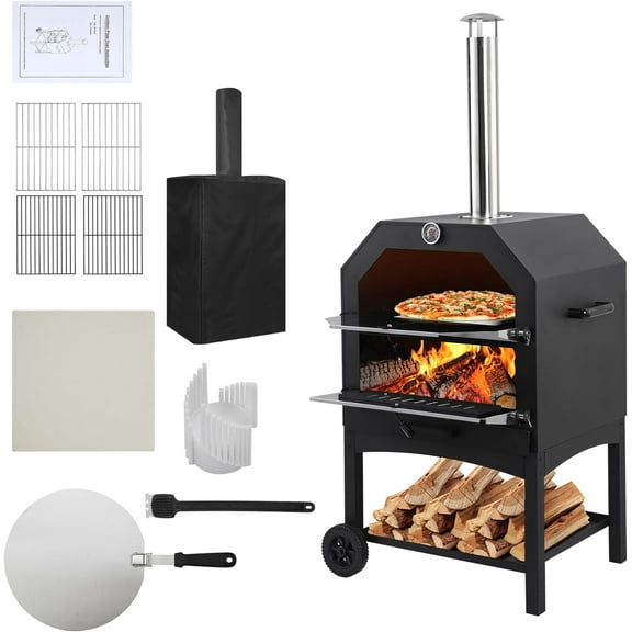 Outdoor Pizza Oven,Wood Fired Pizza Oven with 12 Inch Pizza Stone,Foldable Legs,Waterproof Cover,Grill Rack & Pizza Peel for Camping,Backyard BBQ,Party