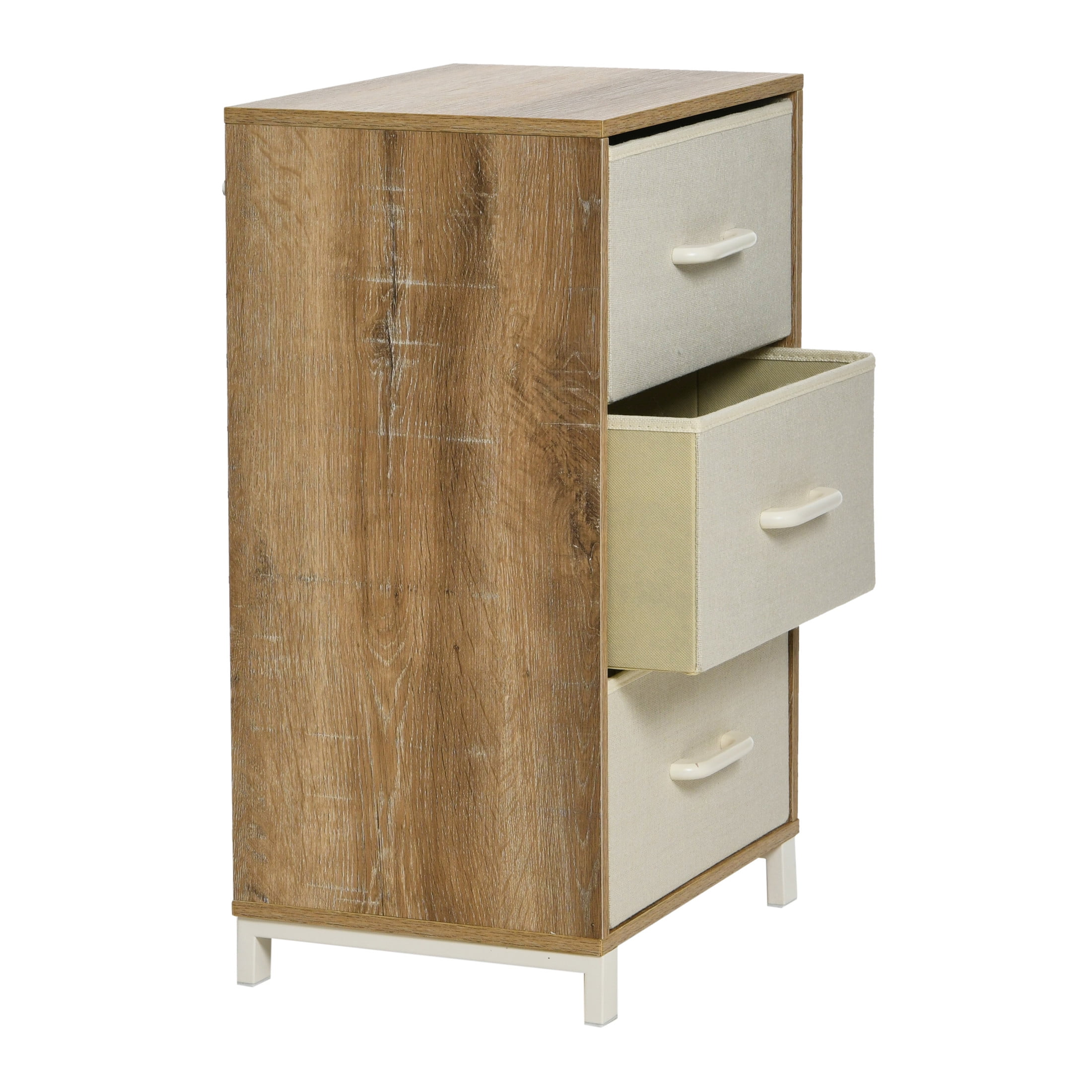 Household Essentials Dresser Nightstand Chest of Drawers Coastal Oak Rustic Wood Grain with 3 Beige Strorage Drawers