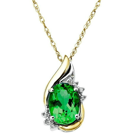 Duet Sterling Silver with 10kt Yellow Gold Oval Created Emerald and Diamond Accent Pendant