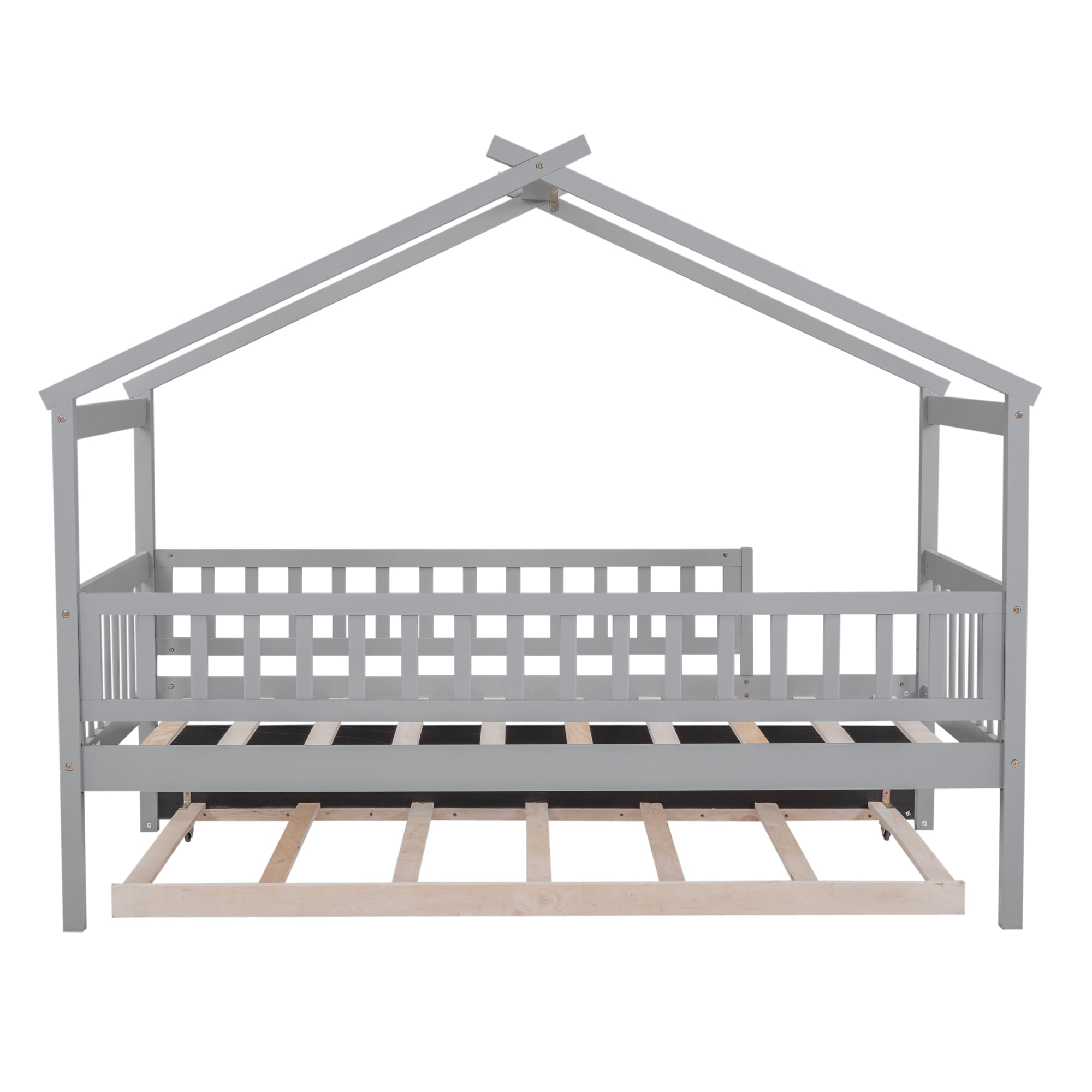 Euroco Twin Size House Bed with Trundle, Canopy Low Profile Bed for Kids, Gray
