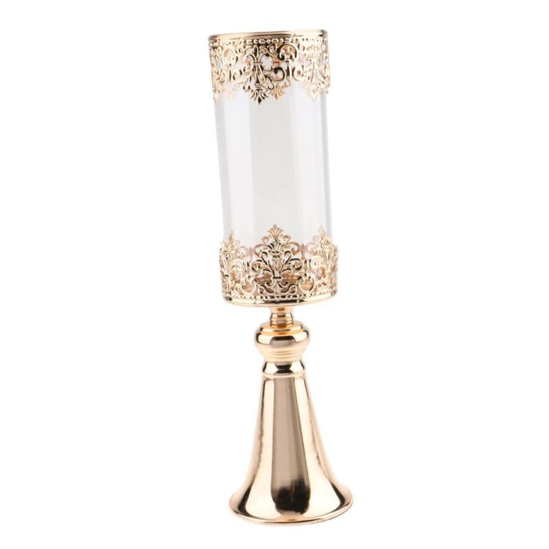 Antique Metal Candle Holder Glass Hurricane Vase Crystal Draped Pillar Stand 