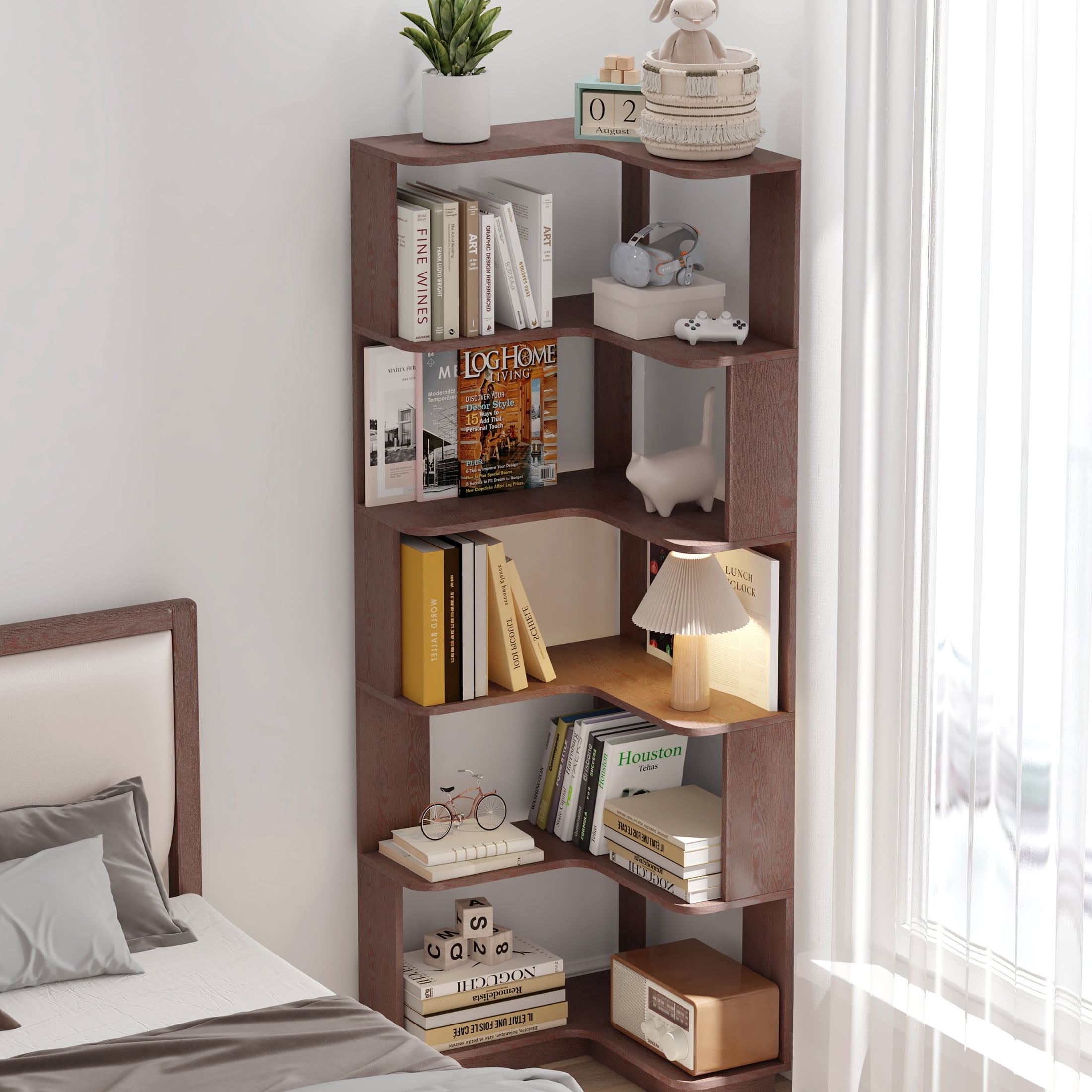 Noble House Vayen 65" L-Shaped Corner Bookshelf, 6-Tier Anti-Drop Wooden Bookcase, Open Storage Rack, Ox Blood Red