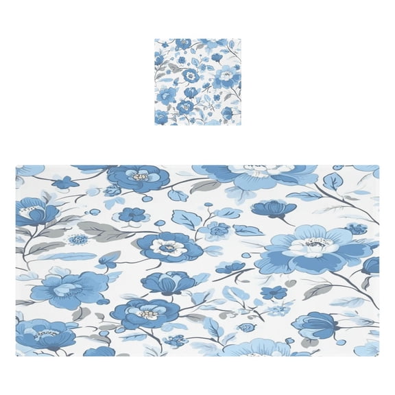 Blue Floral Pattern 2 Piece Cotton Bath and Face Towel Set Soft and Absorbent, for Beach Pool Bathroom