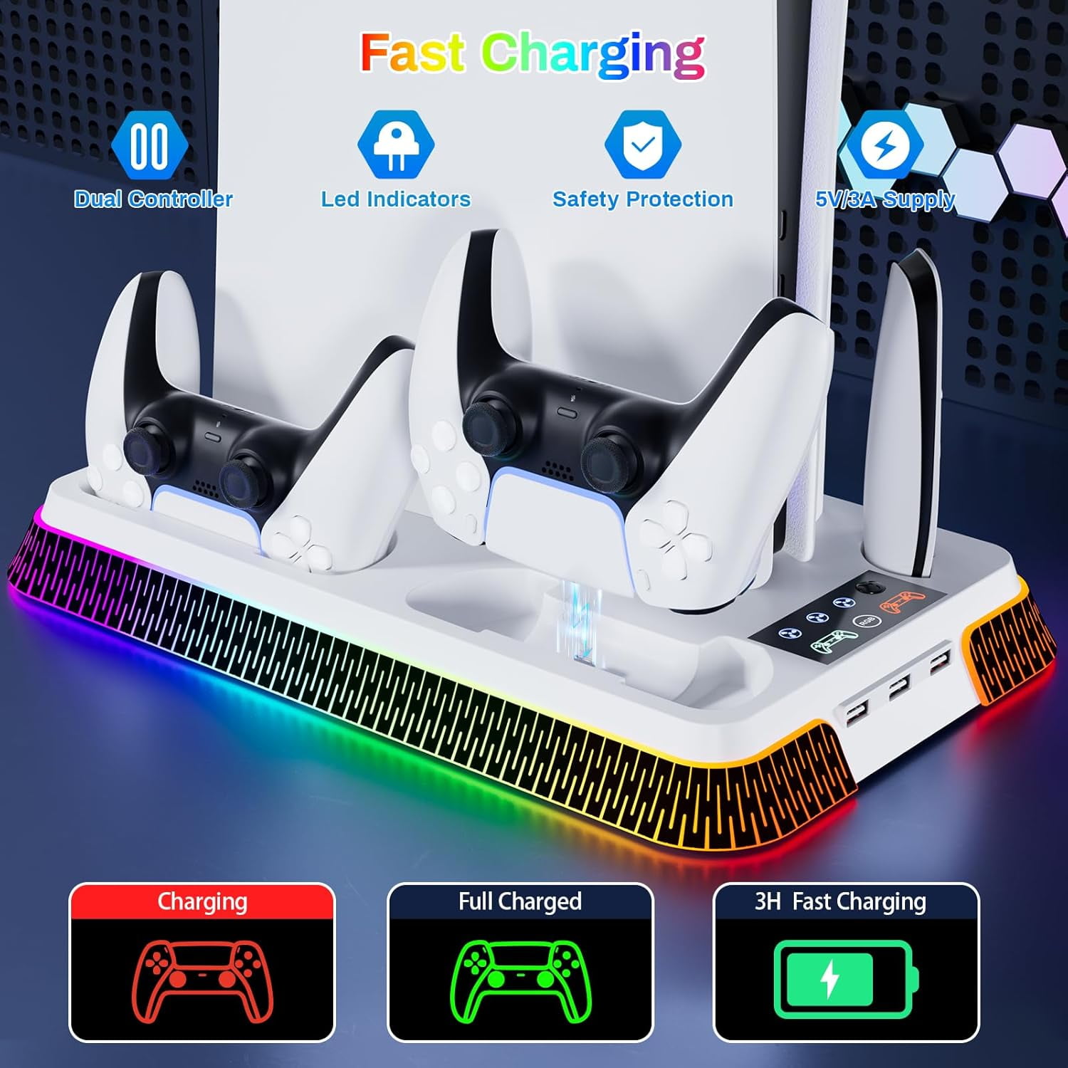 PS5/Pro/Slim Stand and Cooling Station with Controller Charging Station, 3-Level Cooling Fan, Dual PS5 Controller Charger, Headset Holder, Game Storage for PlayStation 5 Digital/Disc Console