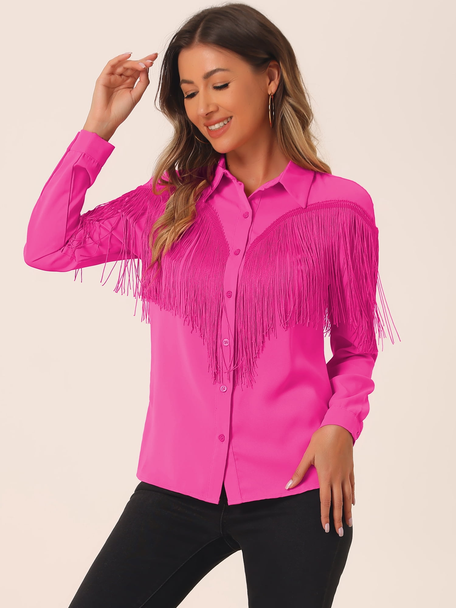 DARING DIVA Women's Fringe Long Sleeve Button Down Disco Party Blouse M Red