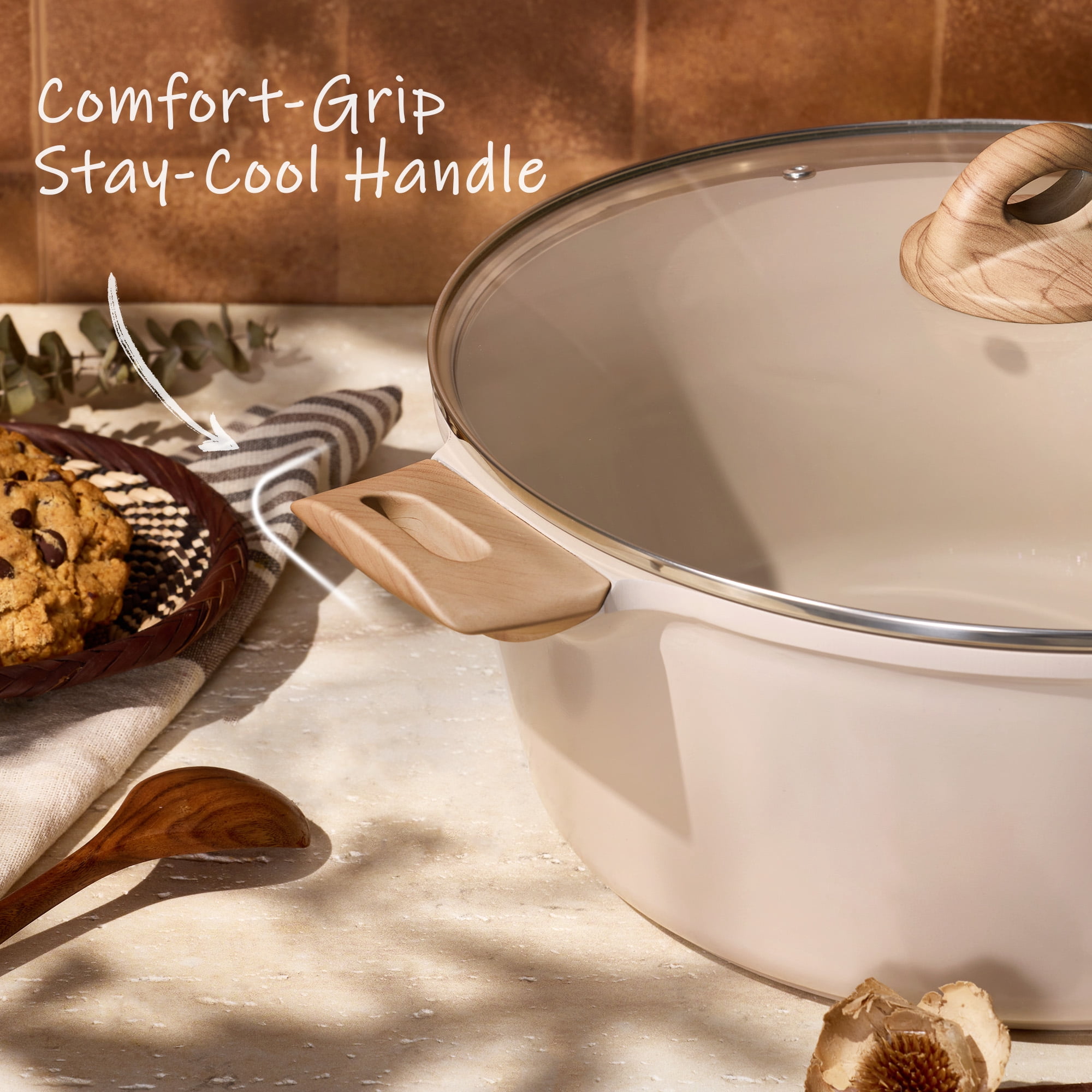 Carote 10QT Nonstick Ceramic Dutch Oven, Non Toxic Stock Pot with Glass Lid, Cooking Pot, Easy to Clean,  Large Capacity for Big Family Kitchen, All Stoves Compatible Taupe