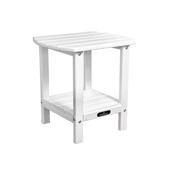 Withniture 2-Tier Modern Outdoor Side Table, HDPE Weather Resistant End Table with Wood-Like Finish, Plastic Table for Patio, Pool, Porch & Indoor (White)