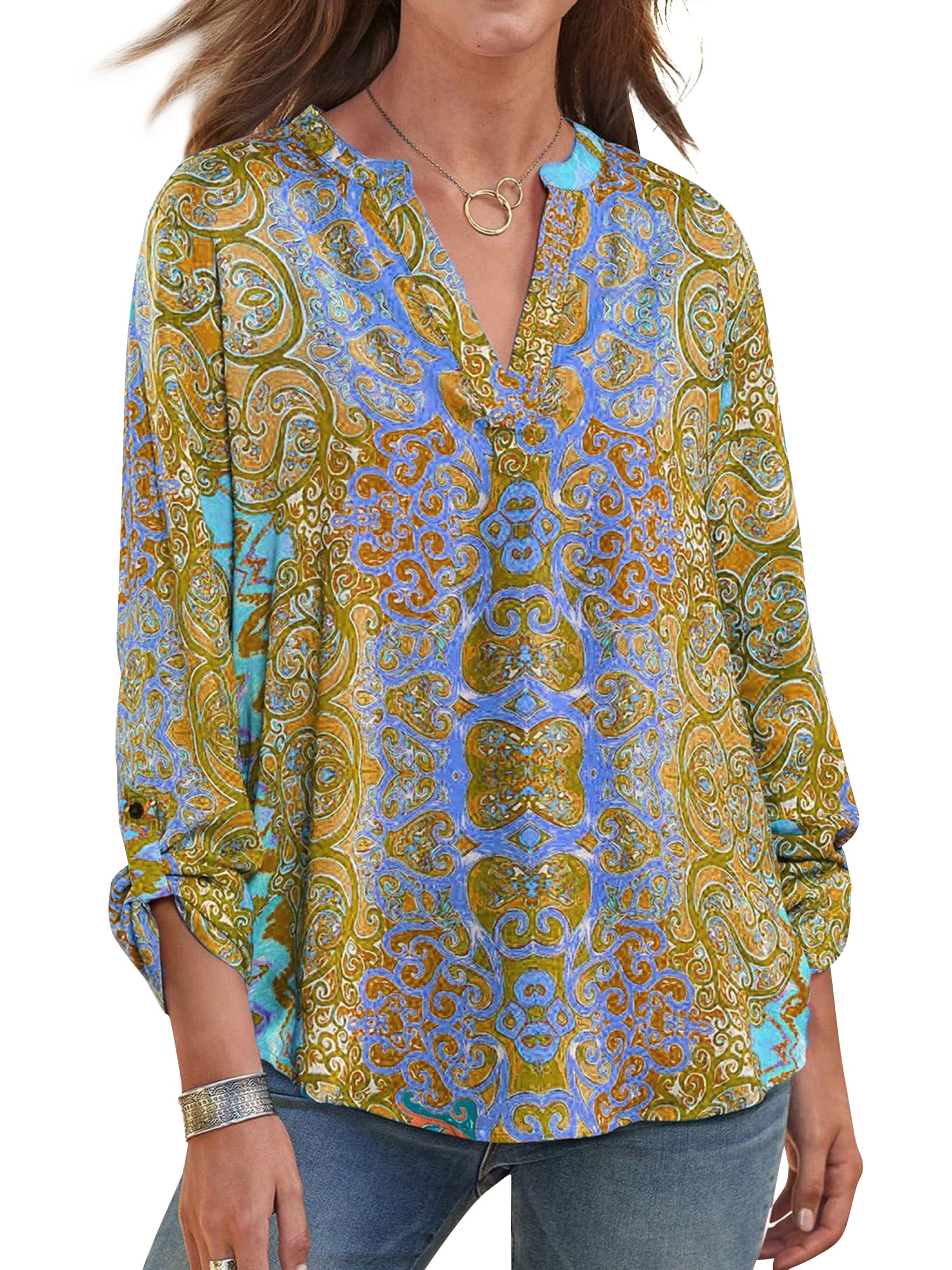 Nlife Women's Boho Print V Neck Long Sleeve Shirt - Walmart.com