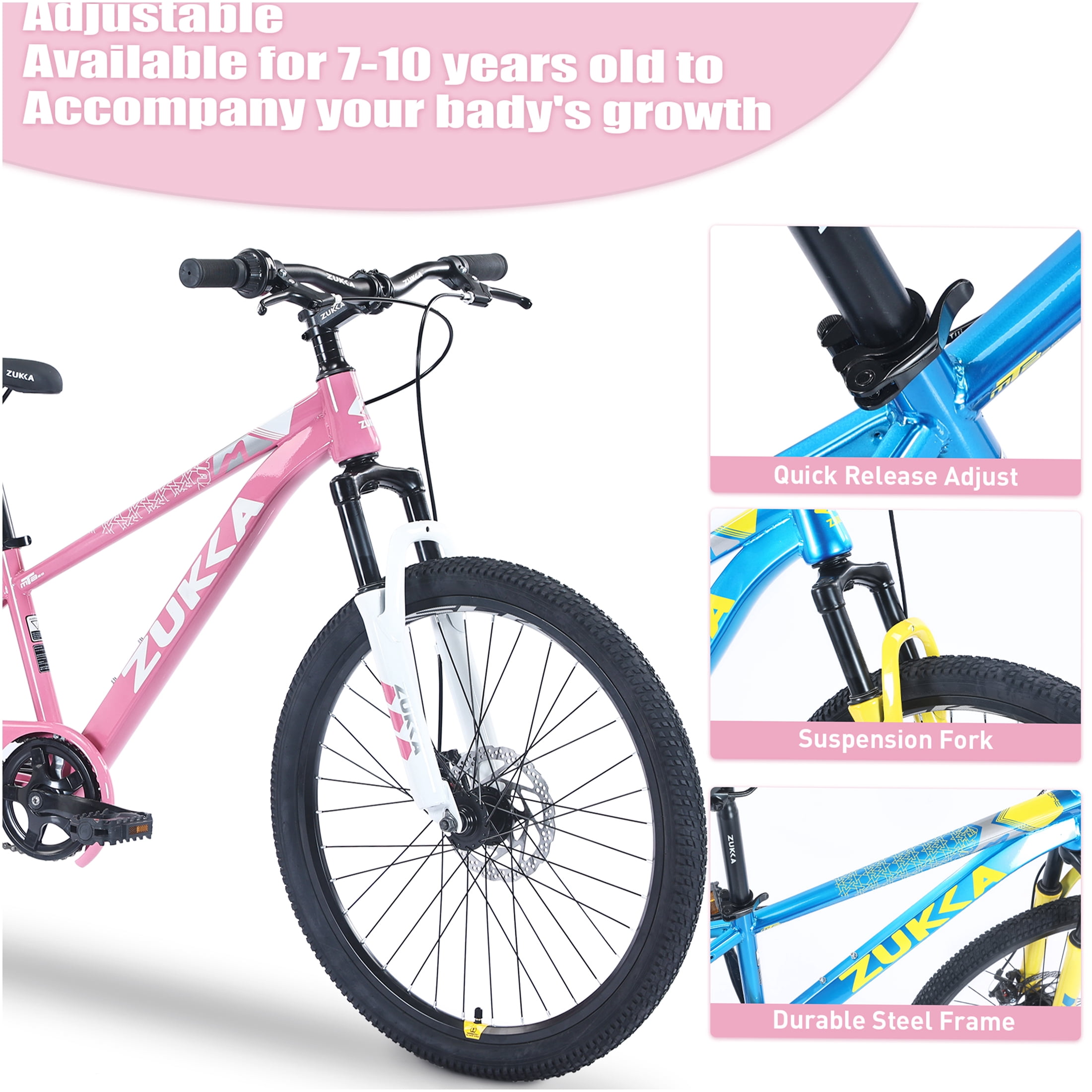 JERFIT 20 Inch Kids Mountain Bike for Boys Girls Age 7-10, Steel Frame with Front Suspension Fork, White and Pink MTB
