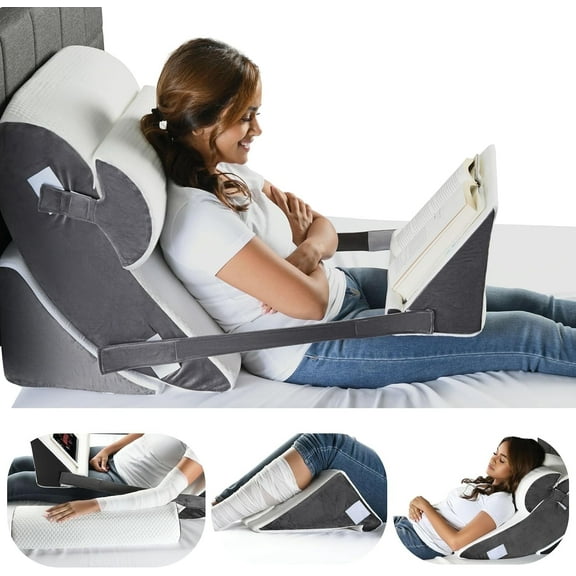 Gleur 4-Pc Memory Foam Orthopedic Bed Wedge Pillow Set with Adjustable Incline, White Navy