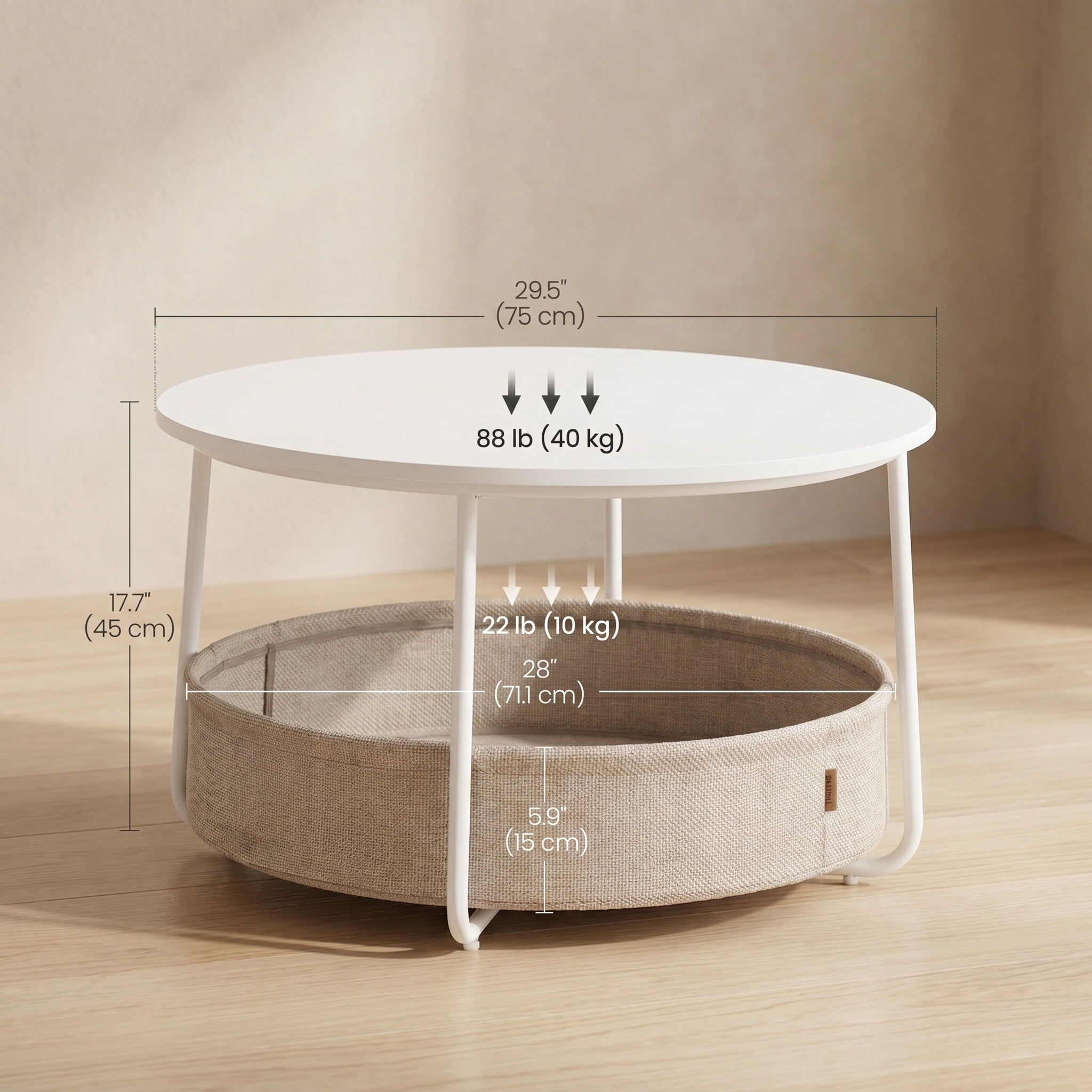 Nordic Hygge Modern Matte White Round Coffee Table with Camel Brown Fabric Storage Basket