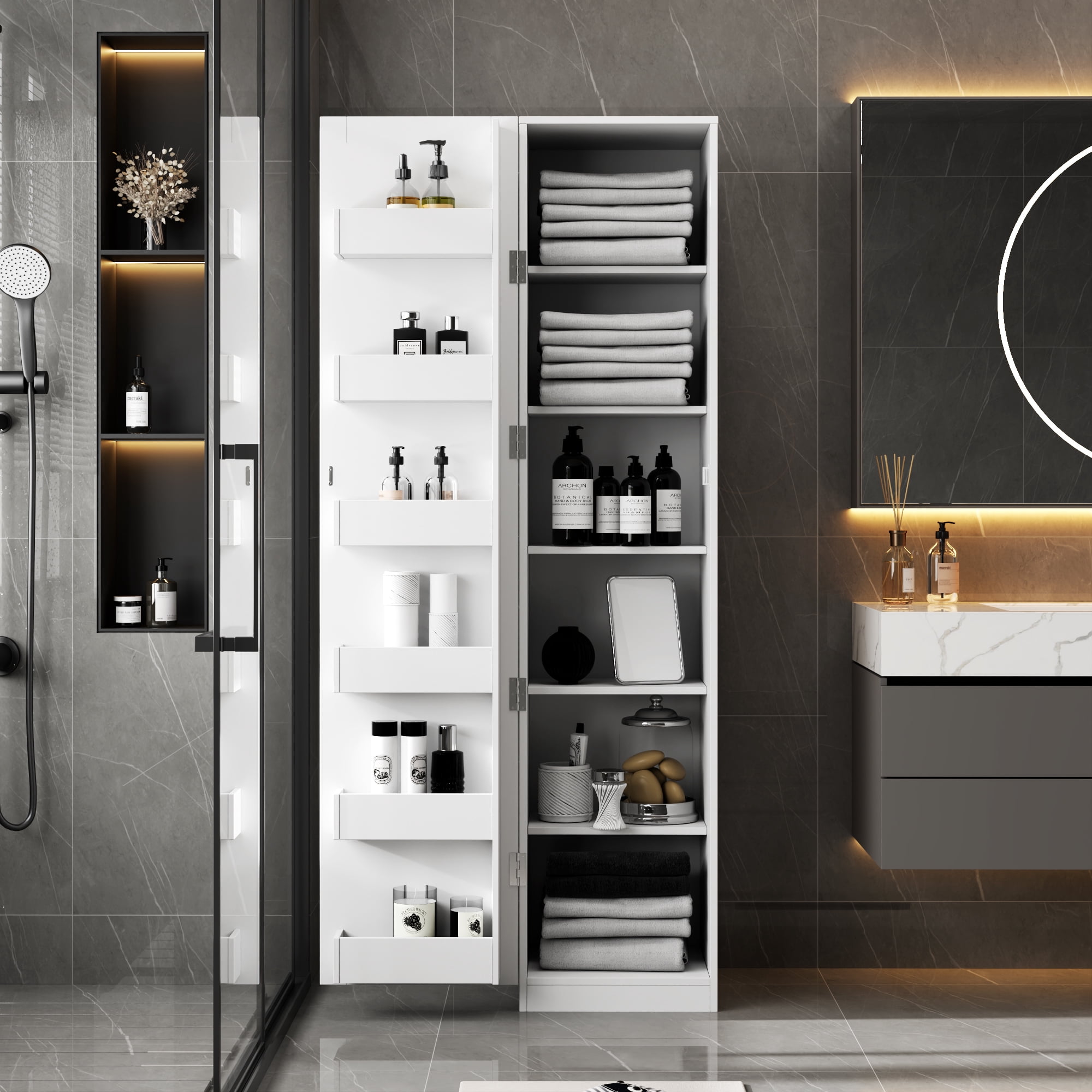 Kitchen Pantry Cabinet Freestanding Buffet Cupboard with Adjustable Shelves Side Racks, White