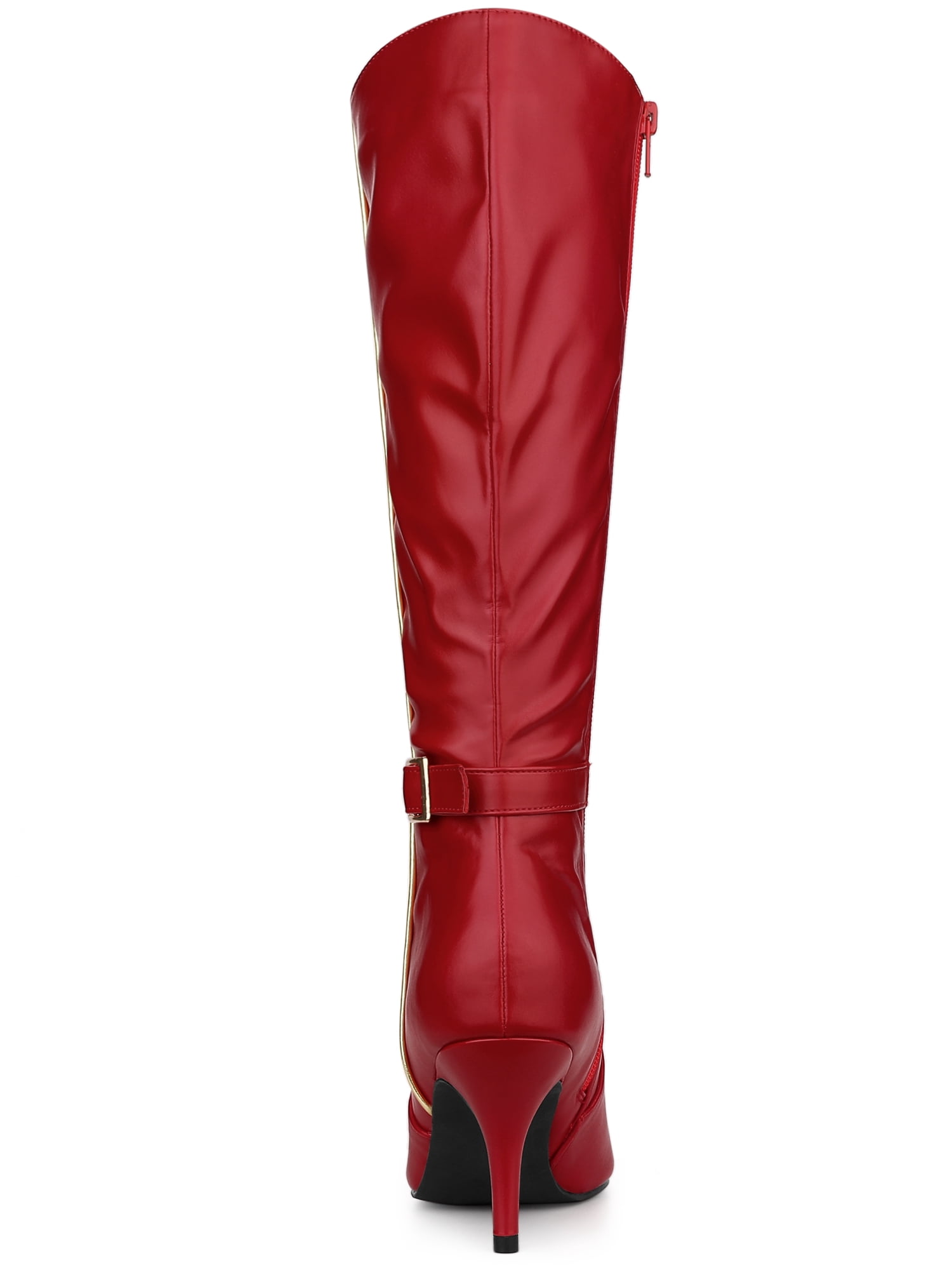 DARING DIVA Women's Pointy Toe Buckle Stiletto Heel Black Knee High Boots Red 9