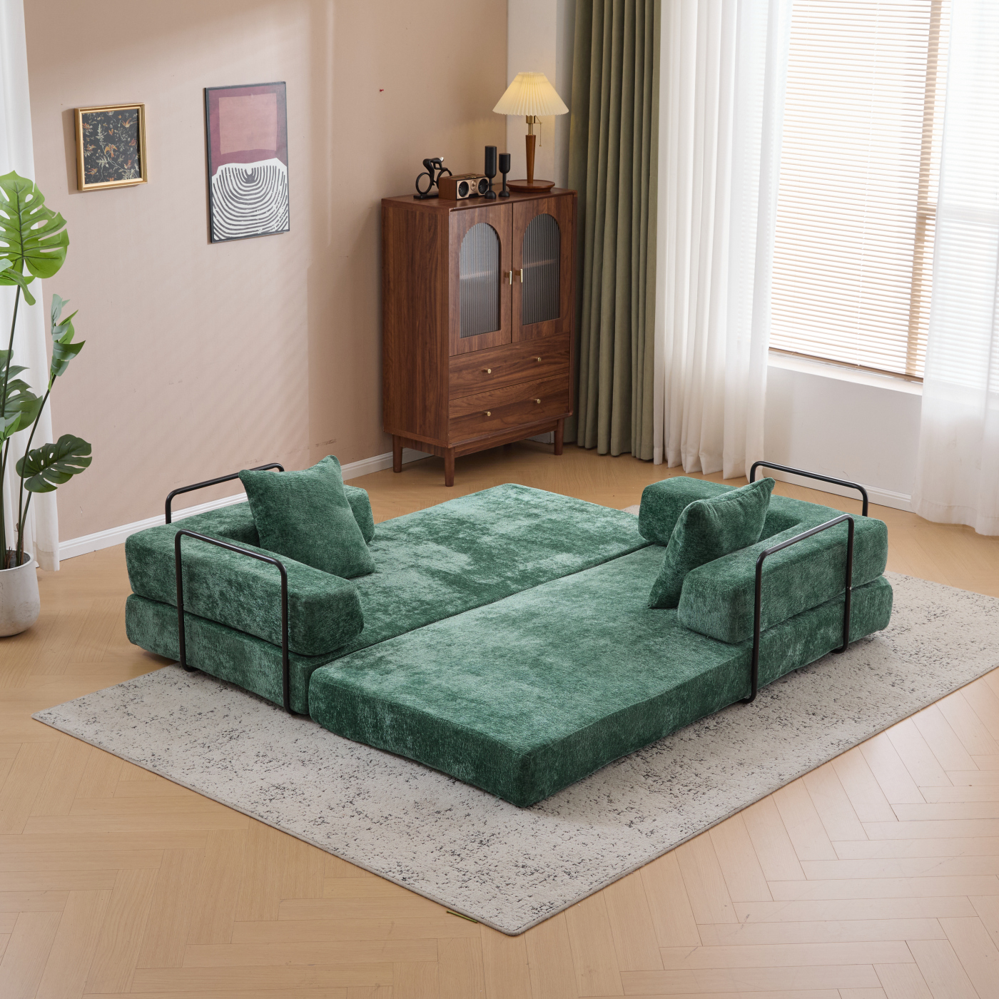 Jopath 76 Inch Convertible Sleeper Sofa Bed,Folding Floor Mattress Couch with Fixed-Shape Frame,Futon Boneless Couch Lounge Loveseat with Pull Out Bed, No Assembly Required,Dark Green+Chenille