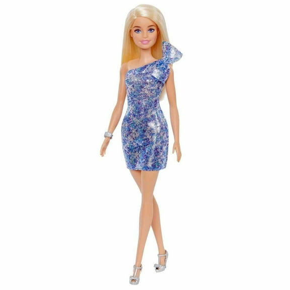 Barbie Blonde Hair Blue Eyes with Short Blue Sequins Mini Dress and Silver Platform Shoes