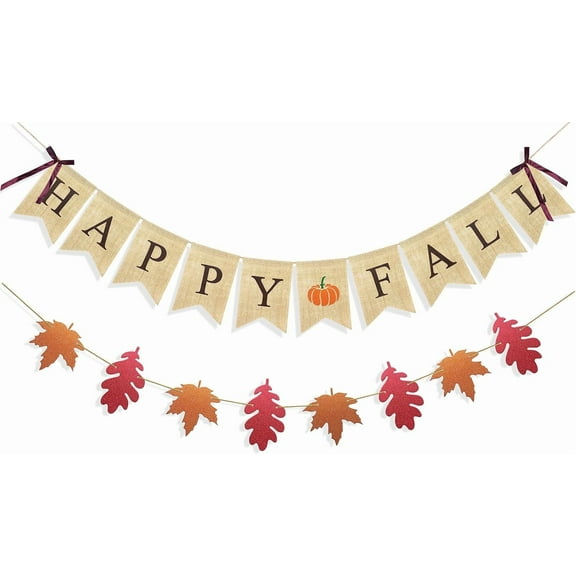 Happy Fall Banner with Pumpkin Maple Leaves Sign Garland Fall Thanksgiving Day Decorations Mantle Fireplace Hanging Bunting