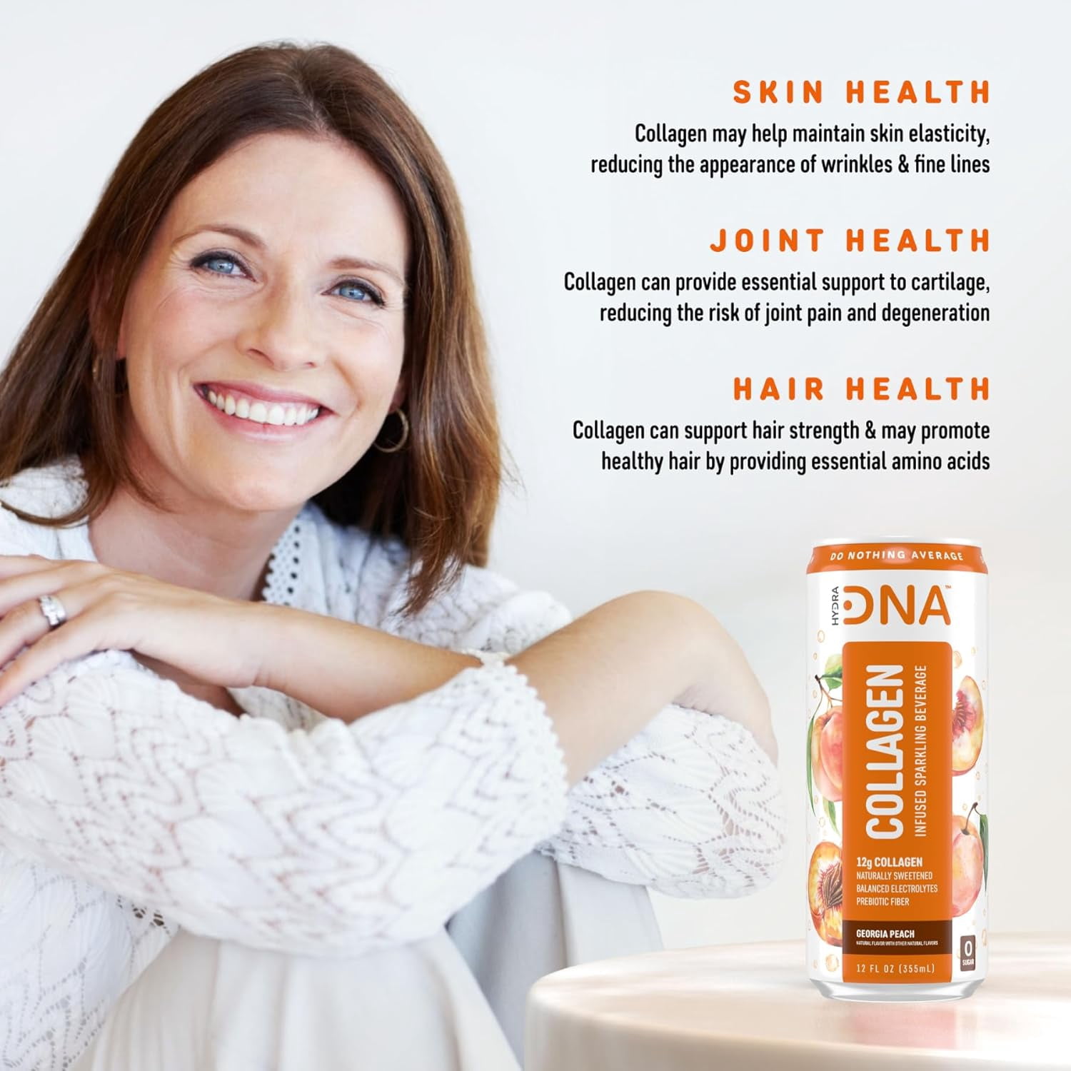 HYDRADNA Collagen Sparkling Protein Water Drink, Georgia Peach Flavor, Sugar-Free, Keto-Friendly, Gluten-Free, 12 Pack, 12 fl oz