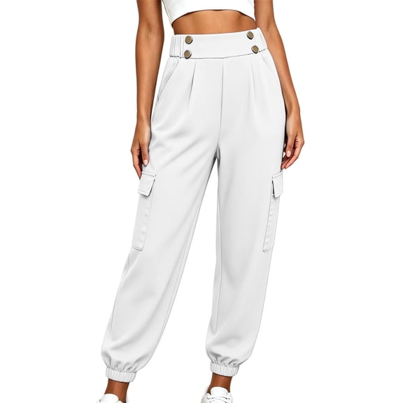 Khunlpohl Cargo Pant for Womens Button Elastic High Waist Casual Joggers Pants Hiking Athletic Trousers with Multiple Pockets