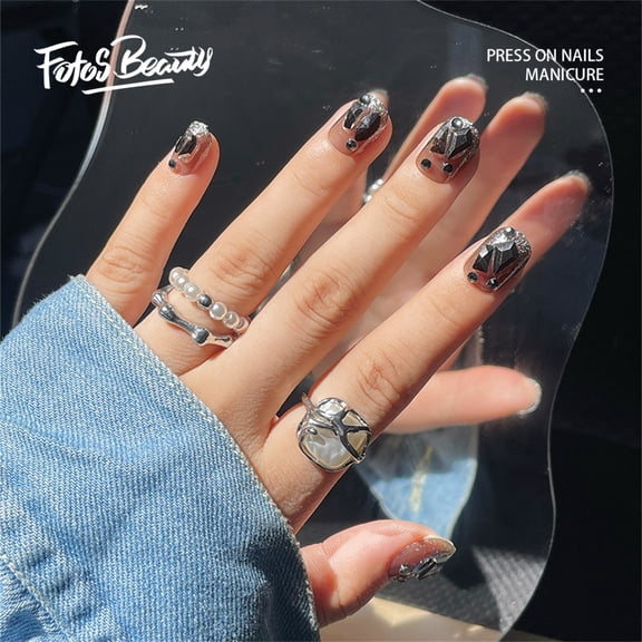 [Y2K Style]Fofosbeauty 24pcs Press on False Nails Tips, Round Fake Nails, Round Bright Black Mineral Black Shaped Diamond