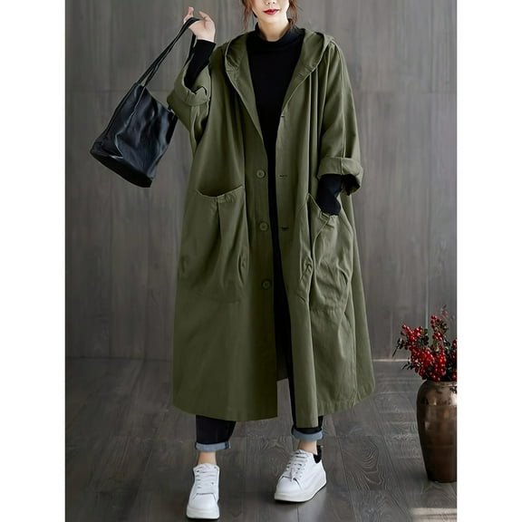 Spring and Autumn New Fashionable Large Pocket Long Women's Coat Literary Style Loose Casual Hooded Windbreaker