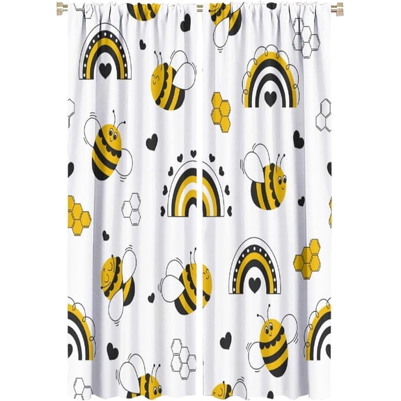Bee Curtain Boho Rainbow Cute Bees Blackout Print Rod Pocket Window Drapes for Bedroom Living Room 52x84in