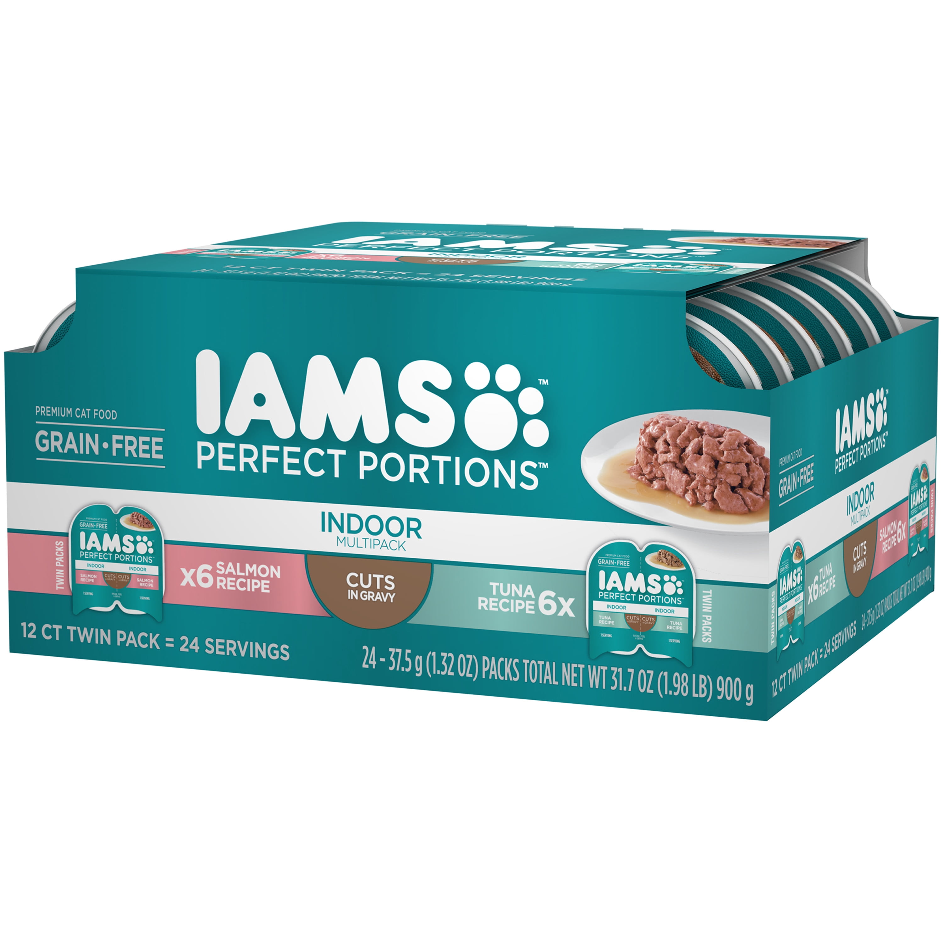 (2 pack) Iams Perfect Portions Indoor Grain Free Wet Cat Food Cuts In Gravy Tuna Recipe, Salmon Recipe Variety Pack, (12) 2.6 Oz Twin-Pack Trays