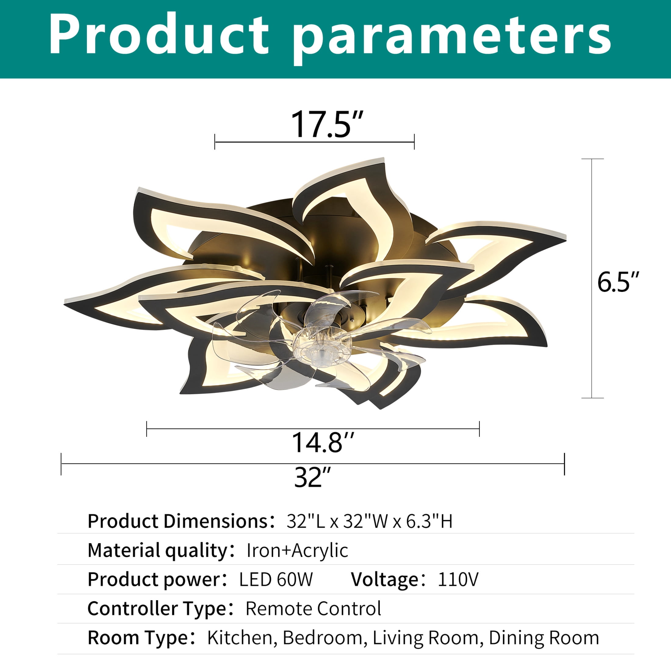 GDF Studio 10-Head Flower Modern Ceiling Fan with LED Lights & Remote Control, Low Profile Flush Mount Fandelier, Black