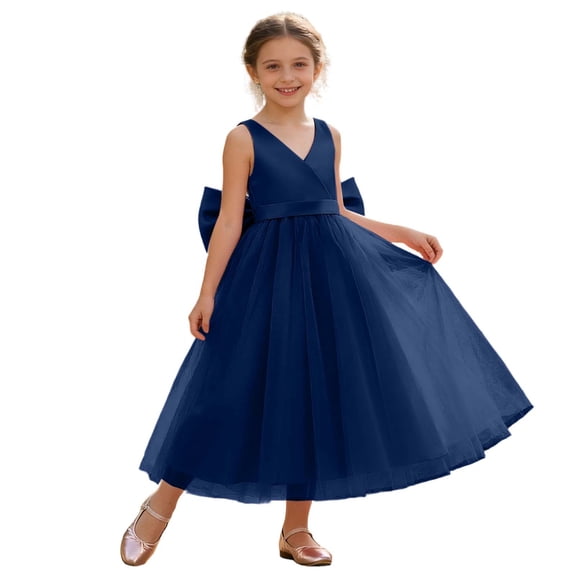 SGMVNU Girl's Prom Dress Flower Girls Dress Satin Back Big Bow Dress Sleeveless V Neck A Line Flowy Dress for Wedding Party, Size 9-11 Years, Navy