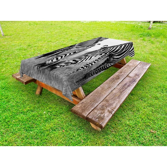 Animal Outdoor Tablecloth, Zebras African Wildlife Burchell Safari Theme National Park Monochrome Picture, Decorative Washable Fabric Picnic Tablecloth, 58 X 120 Inches, Black White, by Ambesonne