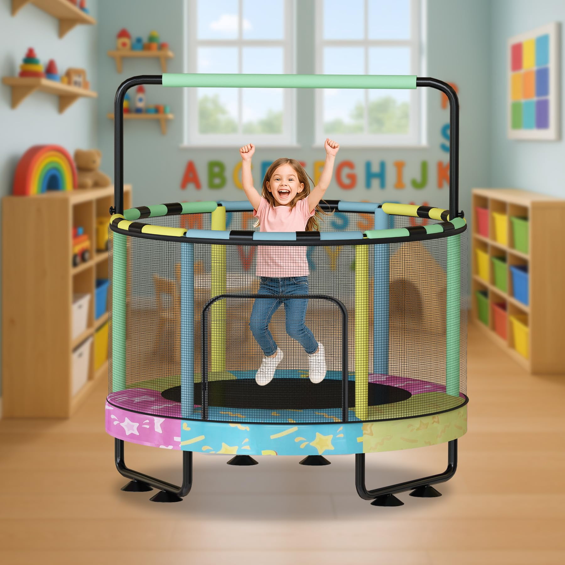 LinkRomat Round Trampoline for Kids, Indoor & Outdoor Toddler Trampoline with Enclosure, Adjustable Height Handrail & Durable Designs for Boys & Girls, 450lbs Capacity, 7-in-1, 55"