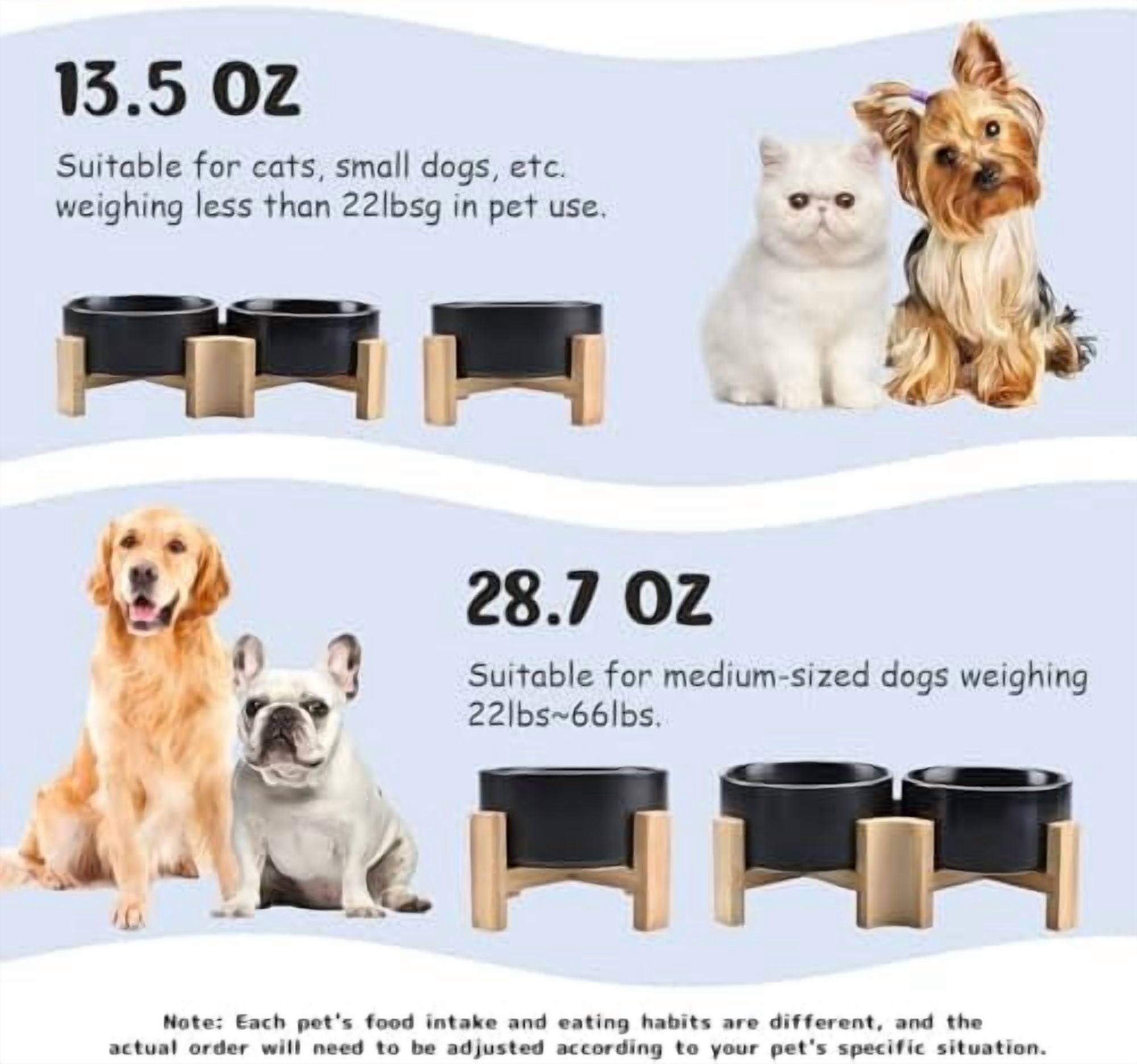 15° Slanted Ceramic Dog and Cat Bowl with Wooden Stand, Tilted Bulldog Food and Water Bowl No Slip Non-Spill for Cats Medium Dogs Big Face Pets 28.7 OZ (3.6 Cups, Black × 2)