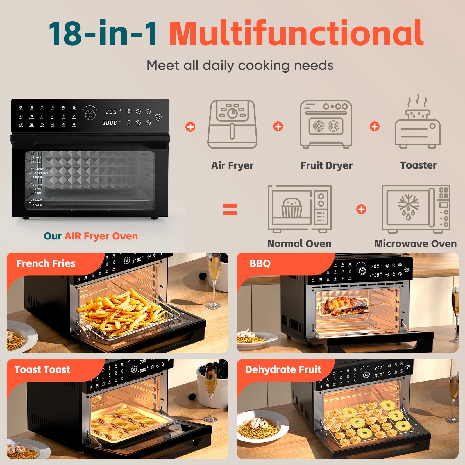 Fitfort 32QT Large Air Fryer Grill Combo, 1800W, 450°F Max Temp, 20-in-1 with 7 Accessories and 13" Pizza Pan