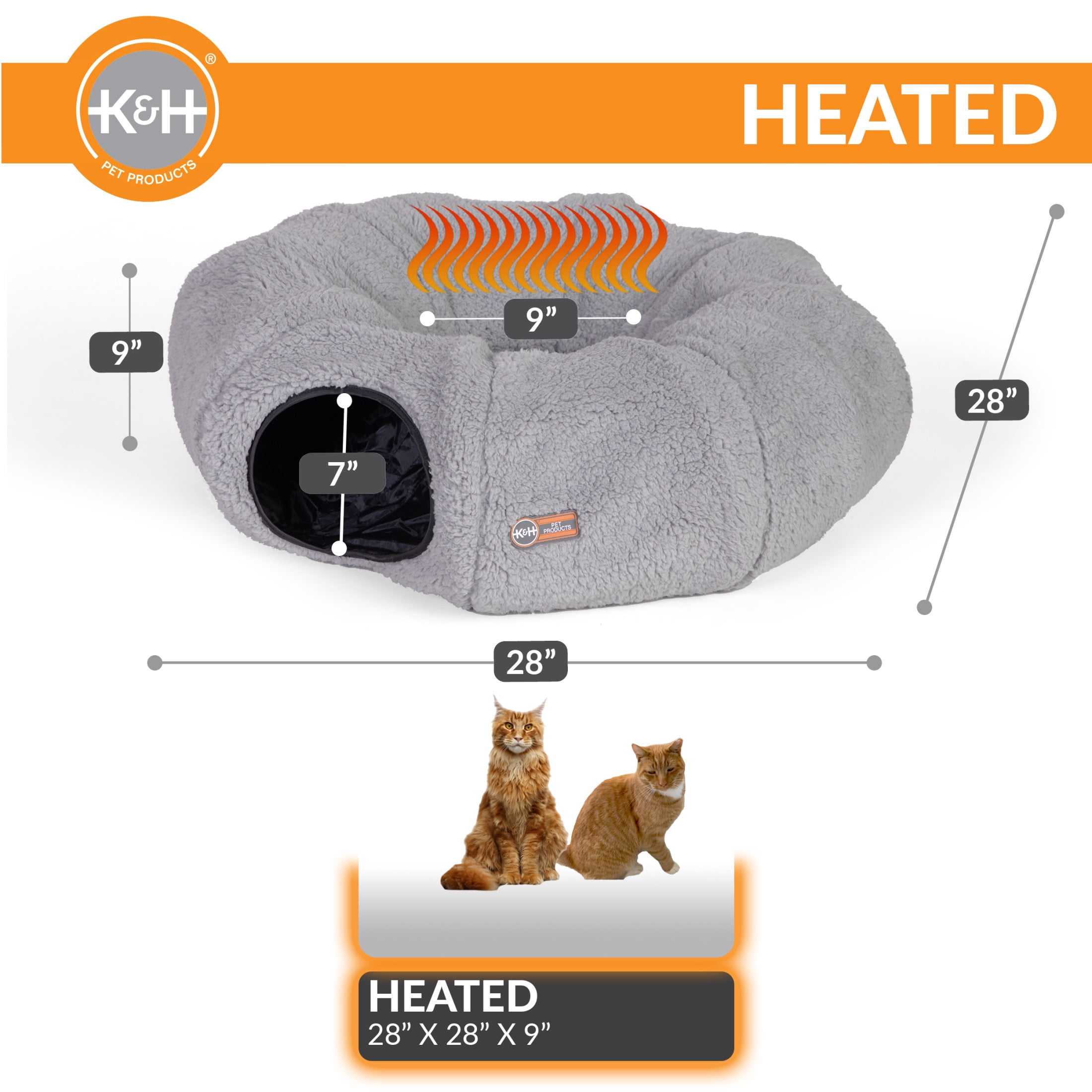 K&H Pet Products Thermo-Kitty Heated Cat Tunnel Bed Gray 28 X 28 X 9 Inches
