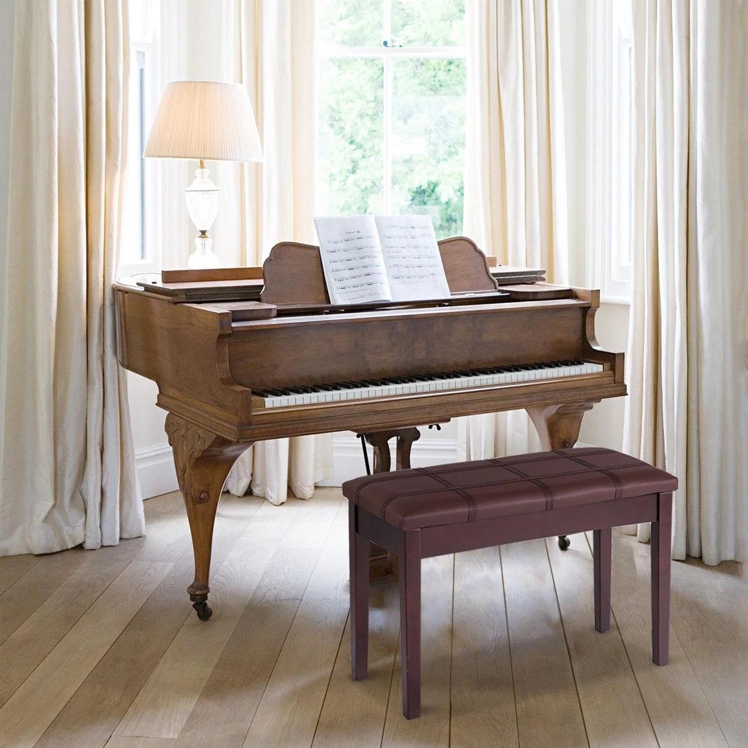 Solid Wood PU Leather Piano Bench Padded Double Duet Keyboard Seat Storage Brown