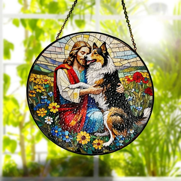Jesus With Rough Collie GLASS Suncatcher, Rough Collie Mom Decor, Dog Lover Decor, Collie Memorial Gift, Jesus Home Decor, Dog Mom Decor