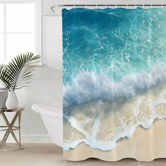 Aqua Blue Beach Waterproof Fabric Shower Curtain, Coastal Seawaves Sand Shore Scenery Shower Curtain for Bathroom Curtains Bathtubs Hotel Washable Shower Curtains with 12 Hooks Long 72x78in