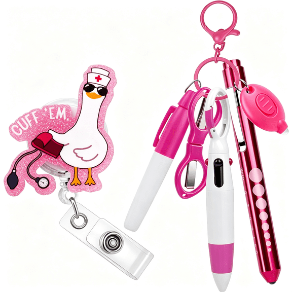 TUWAFE 7 Pcs Nurse Badge Accessories Includes Funny Badge Reels,Permanent Marker Pen,Retractable Ballpoint Pen,Nurse Pen Light,Keychain Clip,Foldable Scissors,Led Flashlight (Pink)