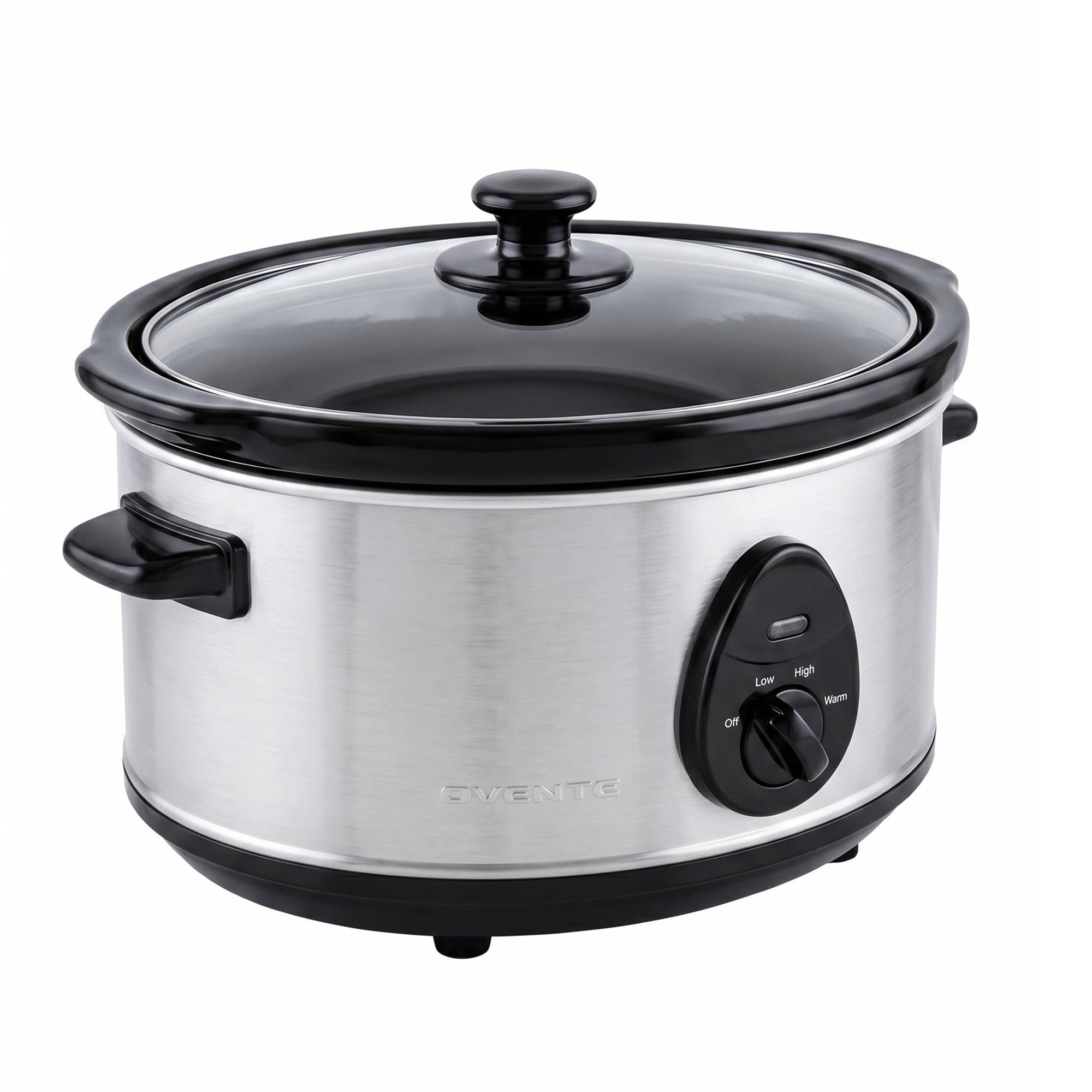 OVENTE Electric Slow Cooker with 3 Cooking Settings, Non-Stick and Dishwasher Safe Stoneware, Stainless Steel Body, Glass Lid 3.7 Qt Oval Pot for Entrees, Soups, Sauces, Stews & Dips, Silver SLO35ABR