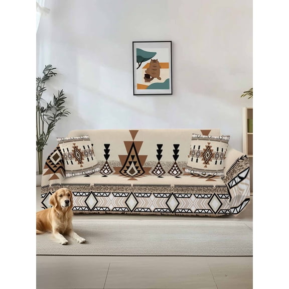 Southwest Couch Cover for 2 Cushion Couch, Brown Bohemian Abstract American Aztec Washable Love Seat Sofa Covers Slipcover, Throw Sofa Covers for Pets, Furniture Protector 71"x102"
