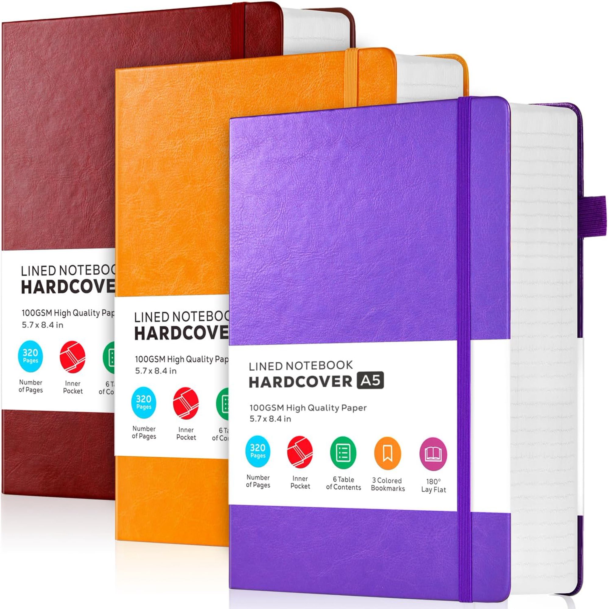 3 Pack A5 Hardcover Leather Writing Journals Lined Thick Notebooks for School Office Work 320 Pages Multicolor Perfect for Men and Women