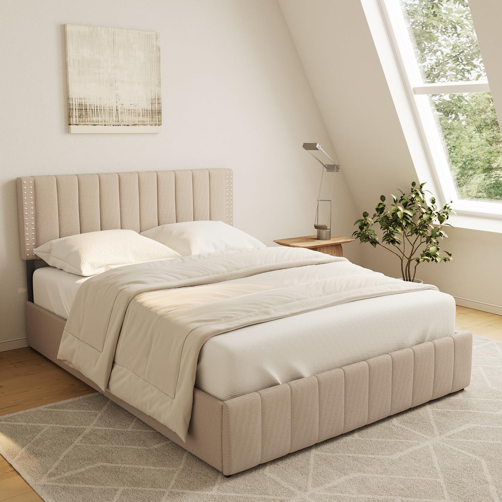 Lofka Full Size Platform Bed Frame with Adjustable Upholstered Headboard and Storage Drawers, Beige