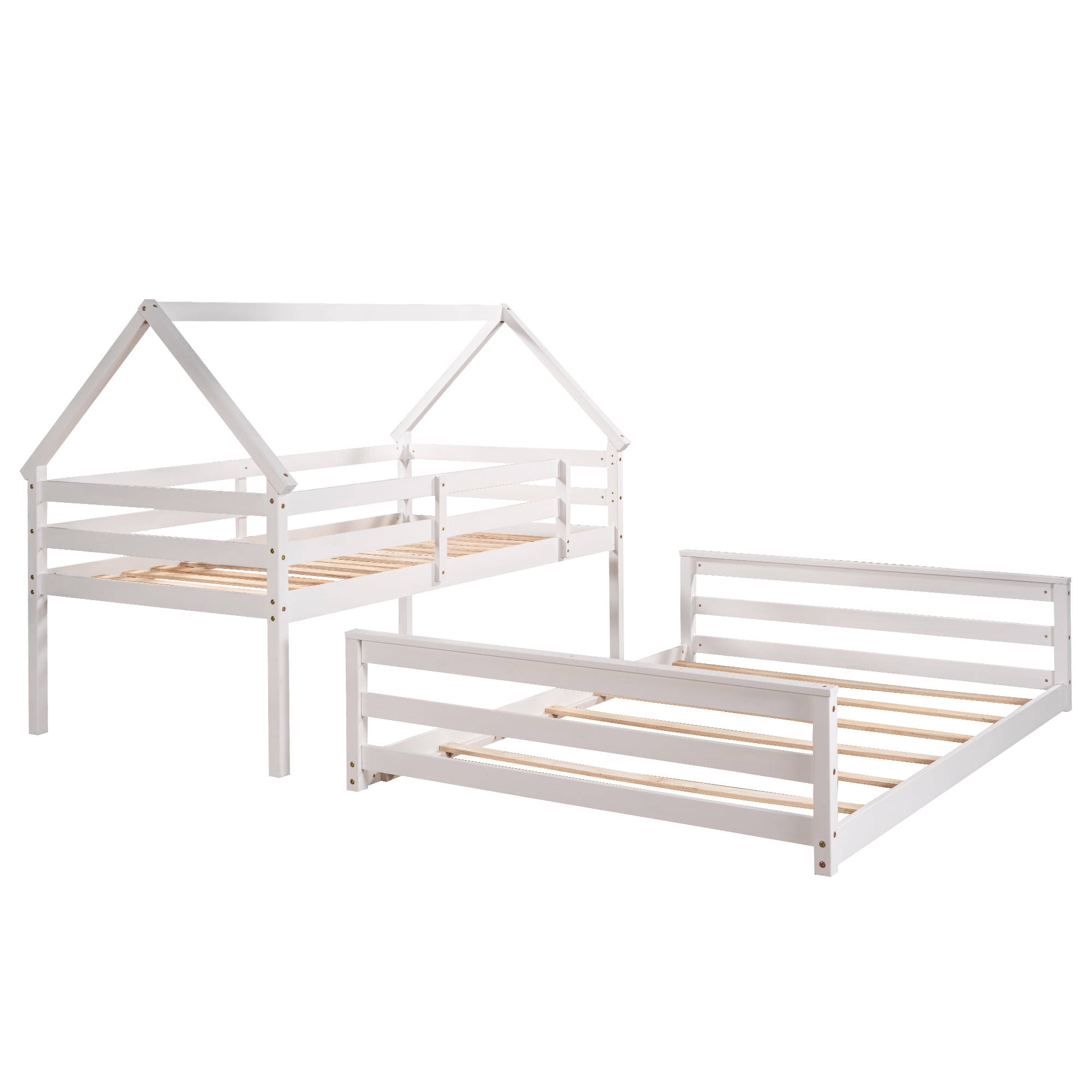 EUROCO Pine Wood Twin over Full Bunk Bed, House-Shaped for Kids Teens Bedroom, White