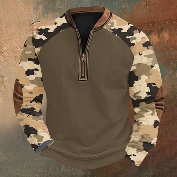 Blusas y camisas de manga larga con cuello redondo para hombre, talla grande, media cremallera, cuello redondo, estampado vintage de camuflaje, blusa de poliéster de manga larga para hombre