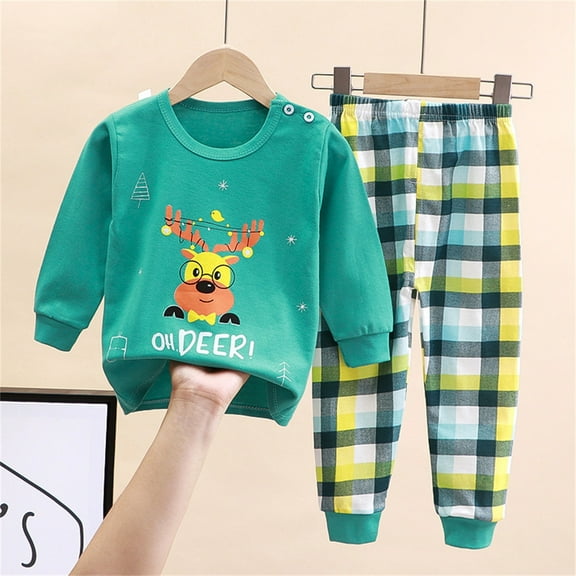 Thetops Toddler Green Cotton Outfit Set 4T - Deer Print "Oh Deer!" Top with Shoulder Buttons & Plaid Pants Elastic Waist